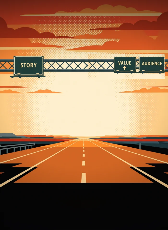 The road running on toward the horizon under a sunset sky, past road signs that read Story, Value and Audience.