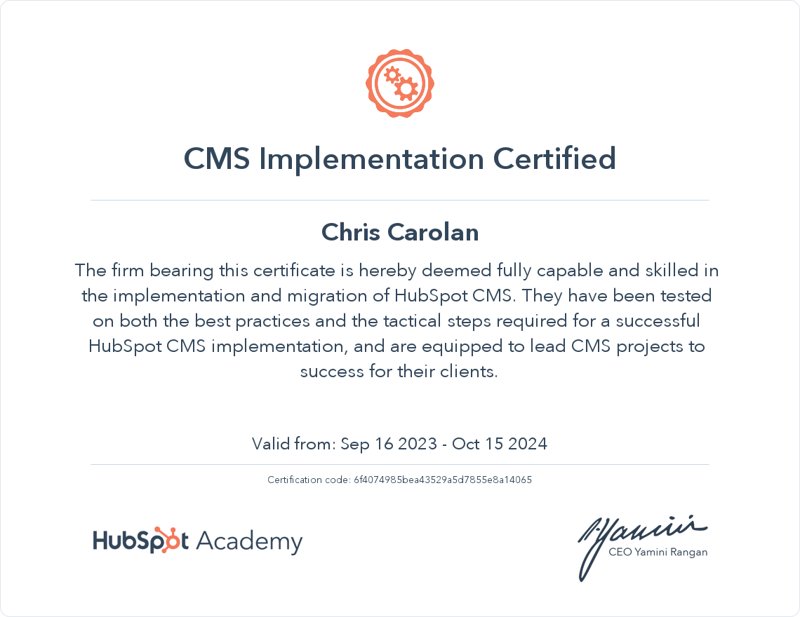 CMS Hub Implementation Certificate
