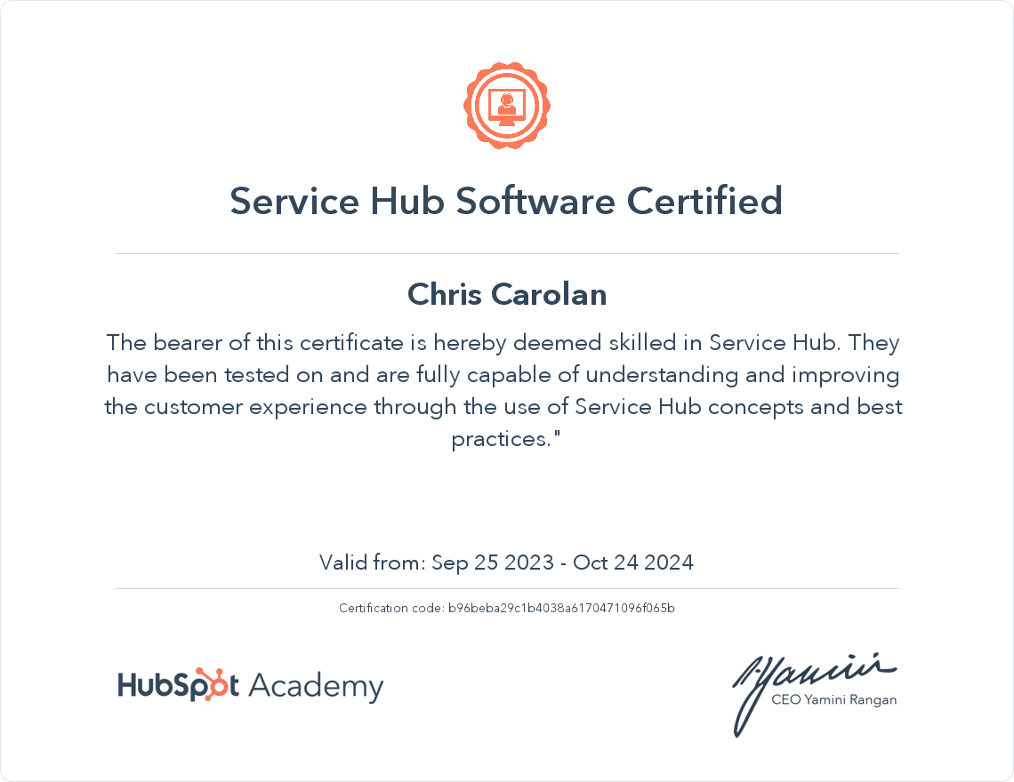 Service Hub Software Certificate