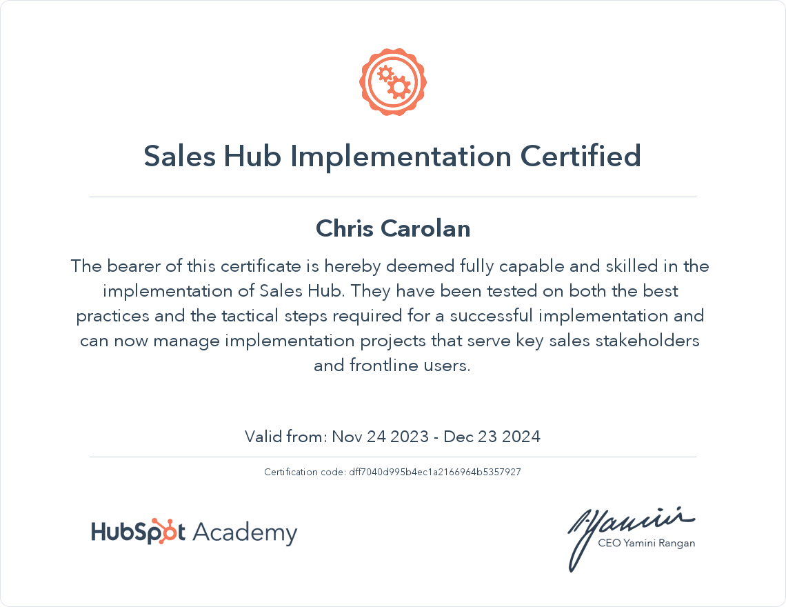 Sales Hub Implementation Certificate