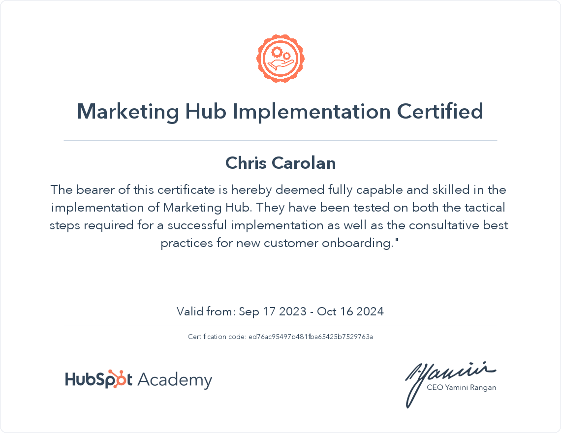 Marketing Hub Implementation Certificate